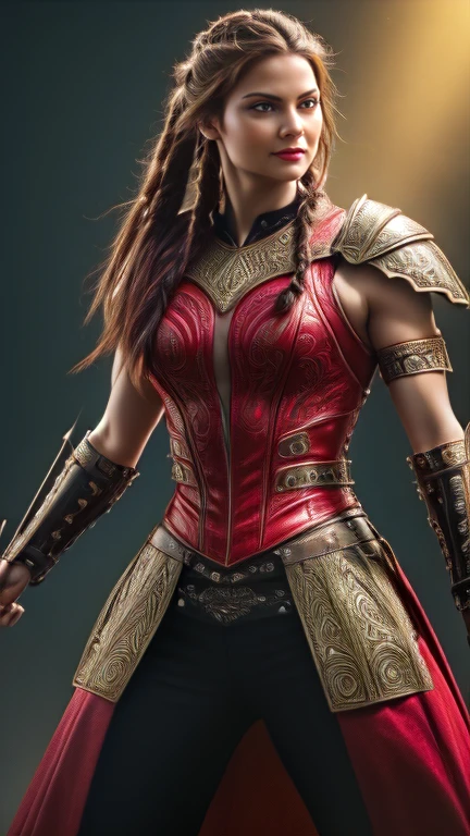 Tall muscled defined woman, detailed armor, red and gold engraved leather Cuirass, intricate designs on the Cuirass, intricate Cuirass engravings, imposing and powerful stance, fierce expression, red wild mane braided hair, dynamic pose, intense battle scene, fantasy setting, vibrant colors, dramatic lighting, epic atmosphere, mythical creatures in the background, magical effects surrounding the sword,  attention to anatomy and facial features, iconic use of highlights and shadows, capturing emotion, masterful composition, portraying strong female characters. (best quality, 4k resolution, highres, ultra-detailed, photorealistic:1.37), HDR lighting, studio-quality rendering, professional-quality artwork based on yoshitaka amano work.