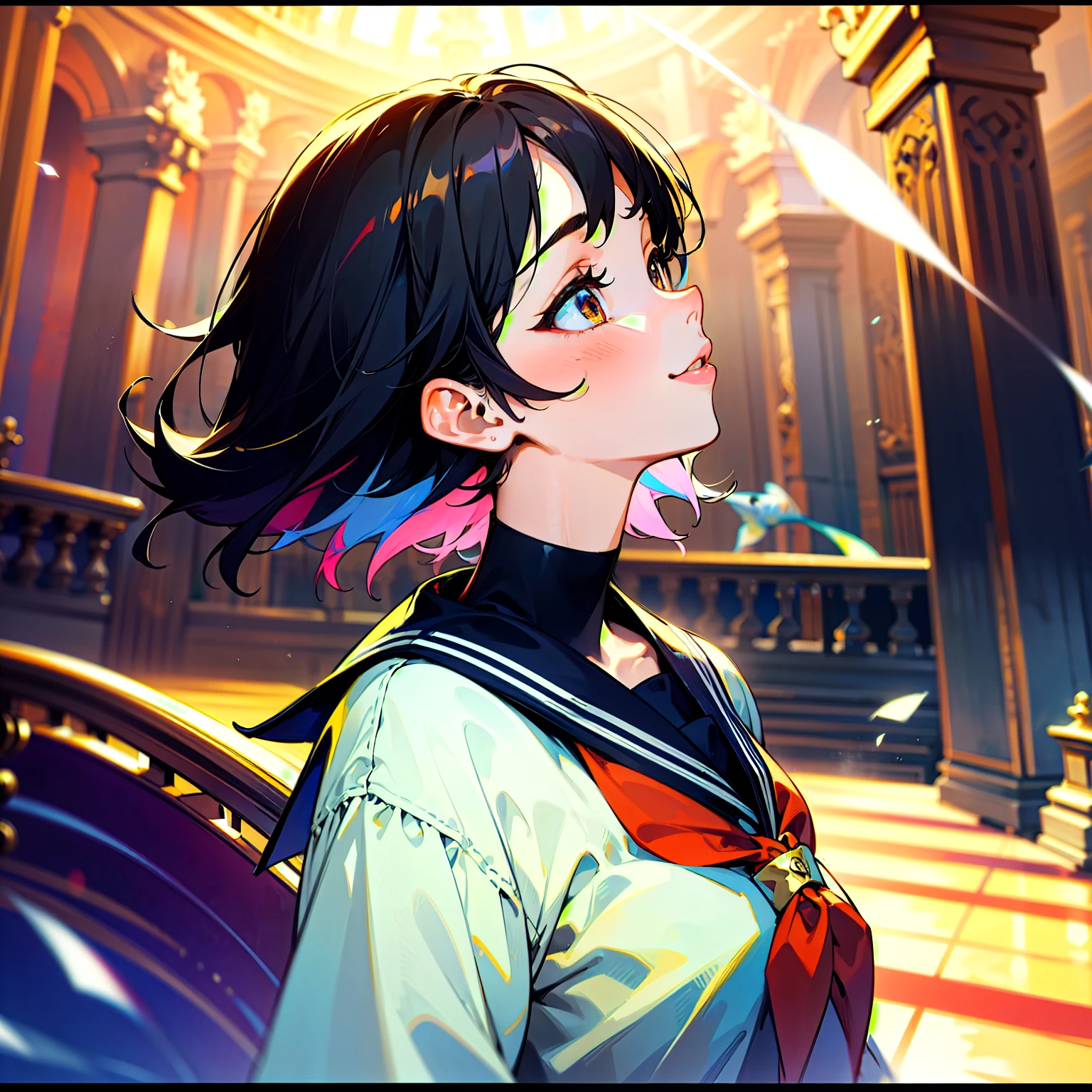 Masterpiece、colorful、15-year-old female、Captivating woman、smile、Short black hair、look up、profile、Upper Body、front、Sailor suit、Breathtakingly beautiful、Medium Bust、Pillars of light shine in the background.、Fisheye Lens、Wide-angle lens