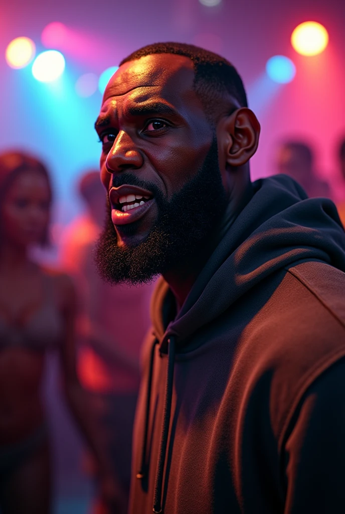 "Create an ultrarealistic image of Lebron James dancing in the club and drunk with textured skin and 4k picture wearing a hoodie and starting to be angry"
