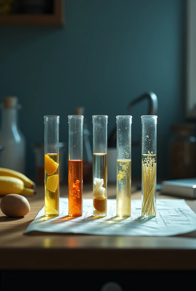 6 test tubes on top of a kitchen table , on top of a piece of paper , each tube with a drop of Lugol, in tube 1 with a little piece of banana,in the 2 with a piece of potato, in the 3 a gram of sugar, in tube 4 a little piece of bread, in tube 5 a few grams of rice, in tube 6 a little piece of noodle , each with its respective chemical reaction, realistic with not much lighting