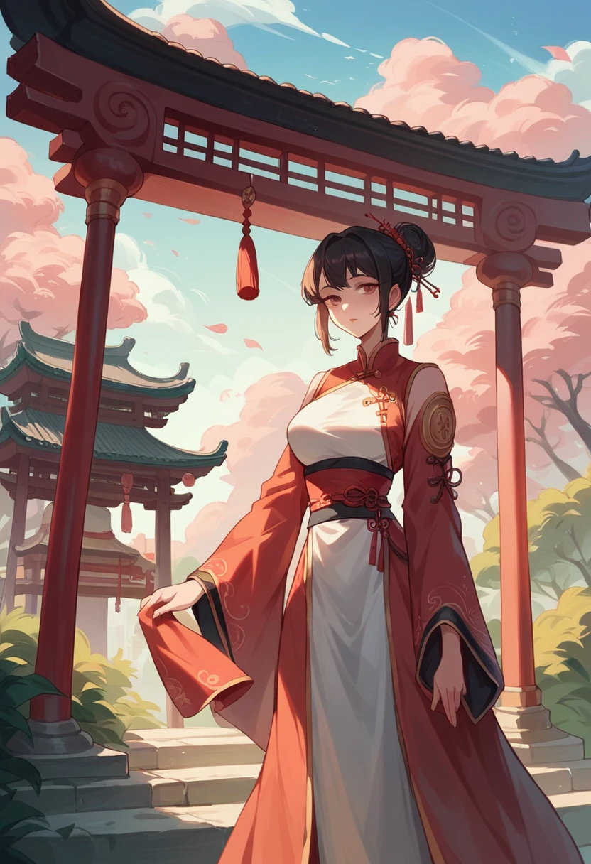 master piece,high quality,a beautiful Chinese girl,long dress,ancient Chinese architecture,peach tree,