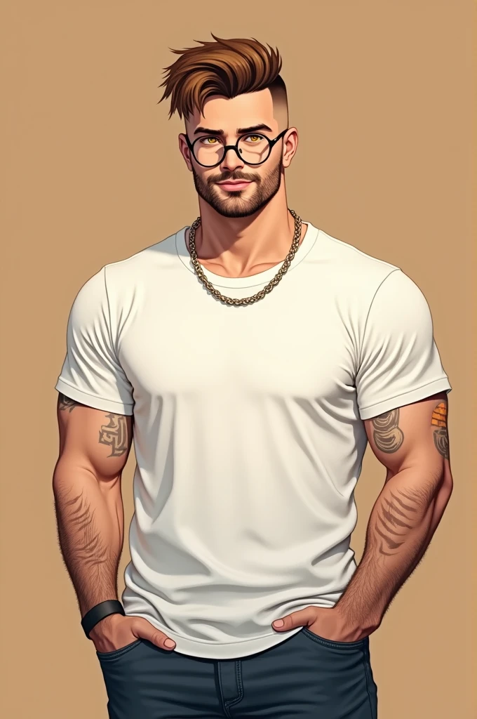 (masterpiece,best quality,ultra_detailed,highres,absurdres),1 mature male, 30-ish, (wide shoulder), (muscular), male focus, solo, brown undercut hair, chain, t-shirt, simple background, yellow eyes, straight body, short hair, looking at viewer, smile face, parted lips, round eyewear, hand in pants pocket, white t-shirt, brown background, eyeglasses, nerd.