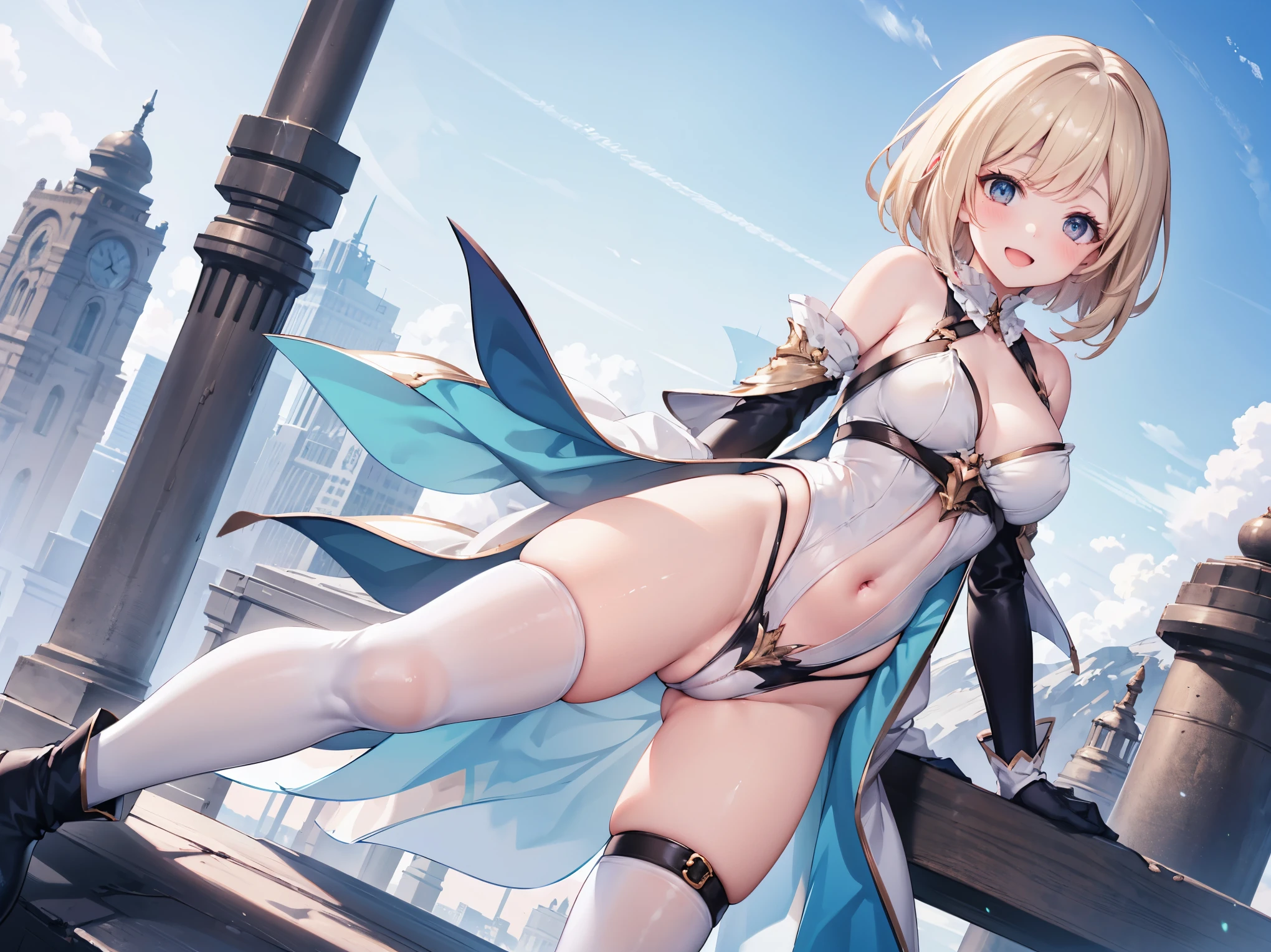 GRANBLUEfantasy,ung_teen_ girl,brown_hair,medium_bob_hair,platina_blond_hair,white_leotard,covered_crotch,thigh-highs,smile,standing,bluesky_landscape_background,slightly_spread_legs,happiness, short_gloves ,solo, navel,relicbuster,short,boots,open_mouth,sitting,knees,blush,shy,piledriver,(crotch:1.3)