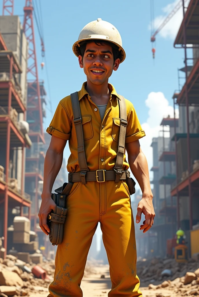 Create a 3D drawing character in GTA V style, a thin male working on a construction site and wearing a yellow uniform and an architect's helmet