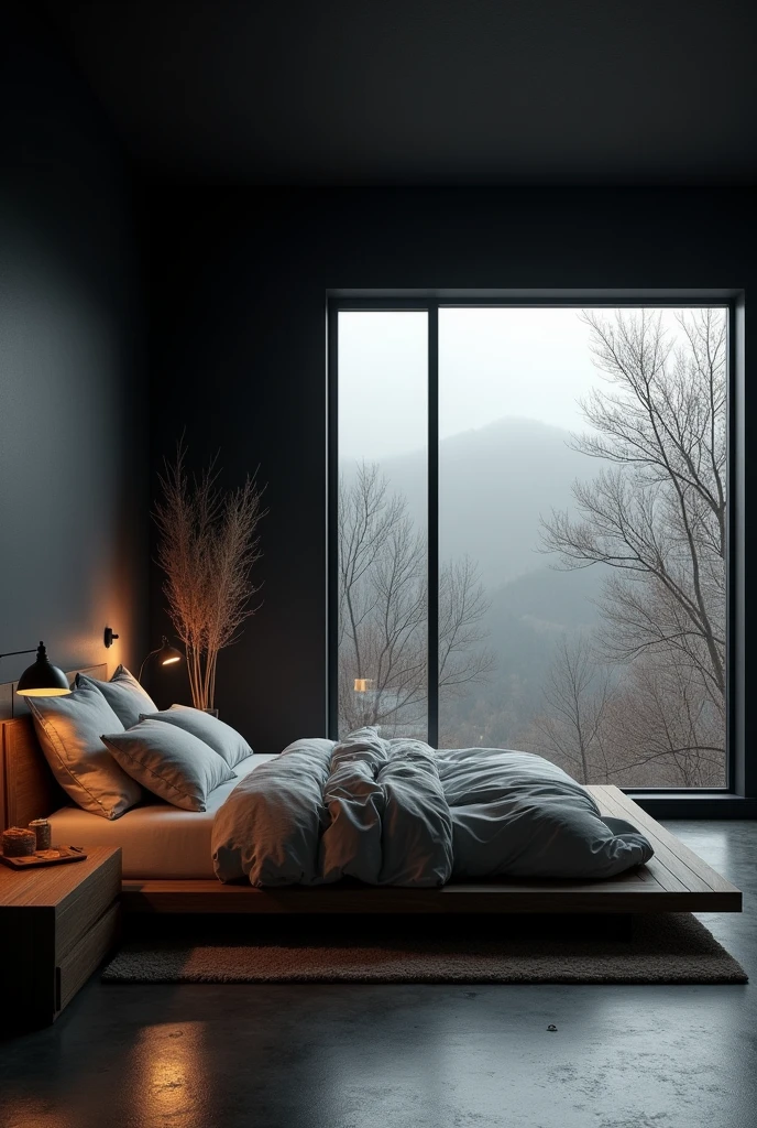 A room with big window and grounded bed and black paint