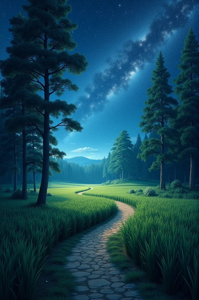 Beautiful pathway between green wheat field night sky milky way galaxy pines trees 