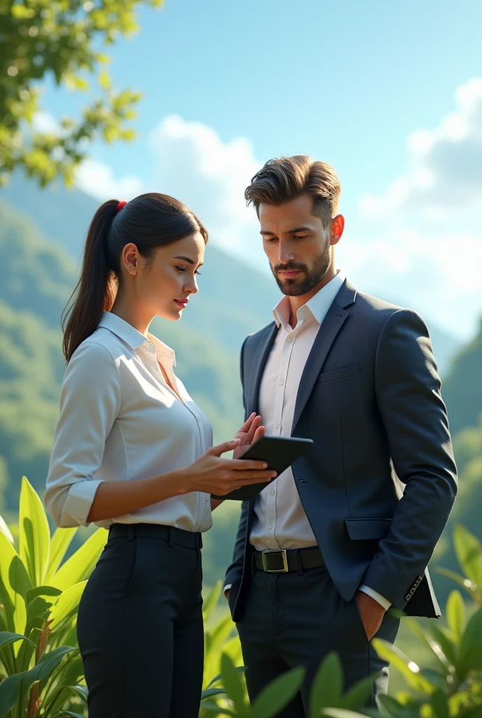 (photorealism:1.2), 
Images with stunning background and an image of female and male worker outdoor in business drawing.