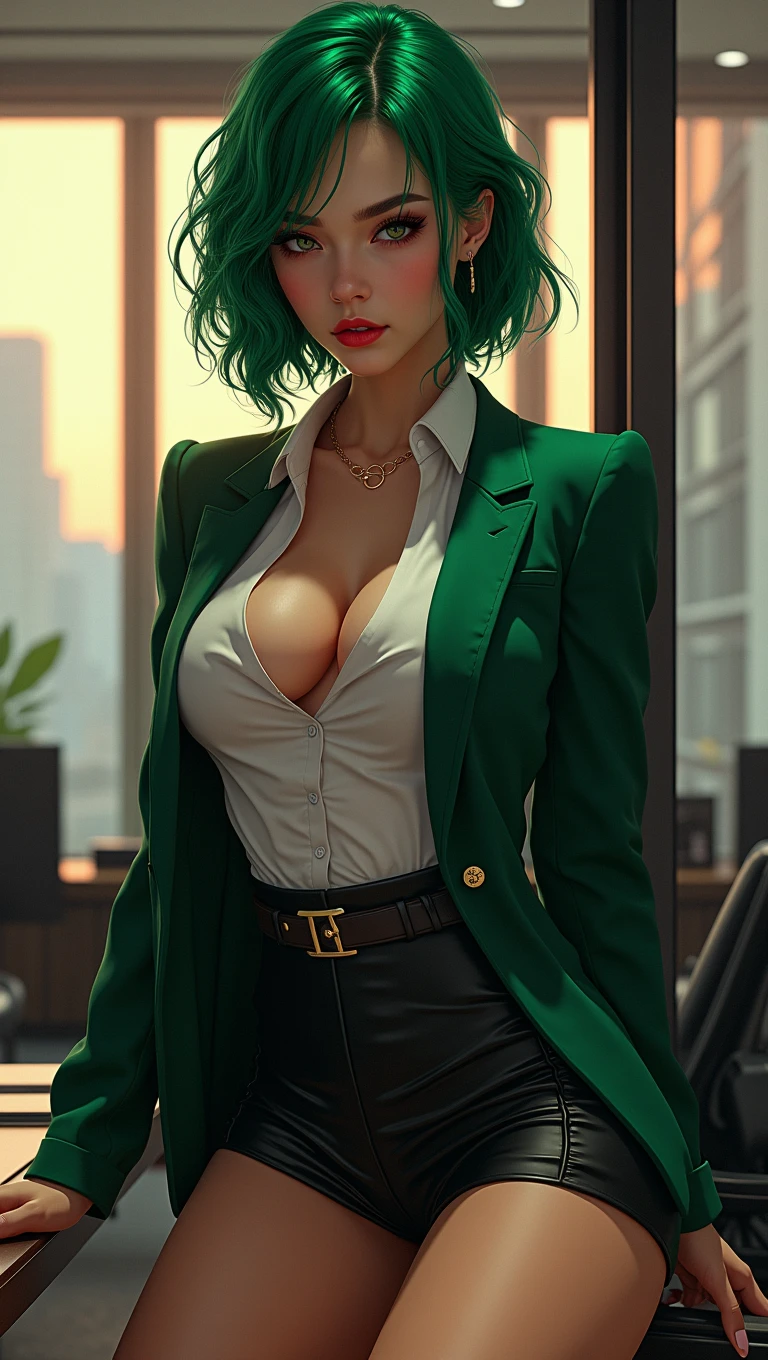 a beautiful girl, 1girl, short green hair, slim figure, hot,sexy office outfit, micro skirt, high heels, photo-realistic, 4k, hyperrealistic, highly detailed, intricate details, dramatic lighting, cinematic, american comic book style, vibrant colors, dynamic pose