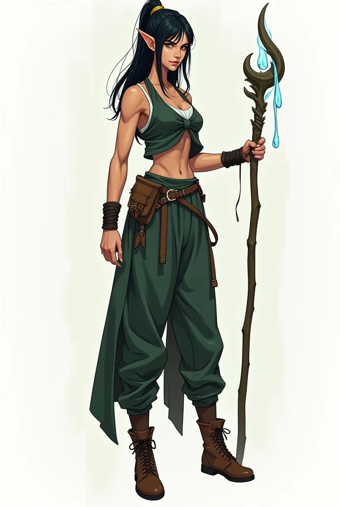 (character sheet),solo, highlighted black hair, baggy pants ,line art , dark green robe, hoodie,3 different angles, highly detailed body parts, elf ears, magic water staff ,brown boots, tall thin female warrior, muscular