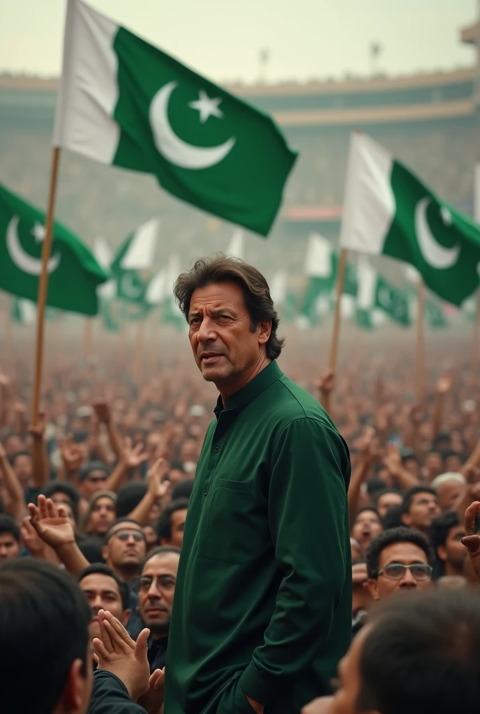 Imran Khan with smail Pakistani flag on santer of millions of people like
