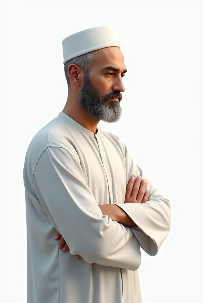 A Muslim man who thinking something, background white 