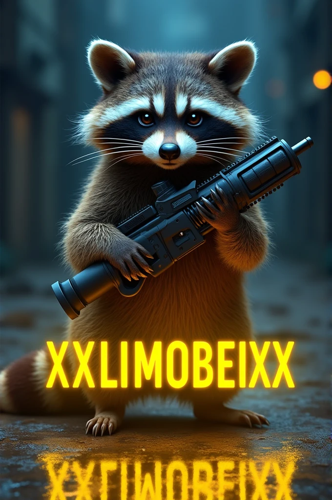 A raccoon with a weapon in its paw and under the bear "XXLIMOBEIXX" are written in neon yellow