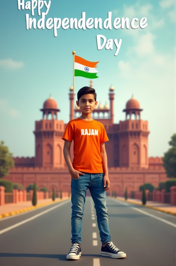 A real 20 years old boy, Wearing Orange T shirt blue jeans sneakers and the name “RAJAN” is written on his t-shirt and the boy is standing on the road with holding a national flag of India, and behind him is the Red Fort Delhi. And written on sky “Independence Day” Create Realistic image high quality