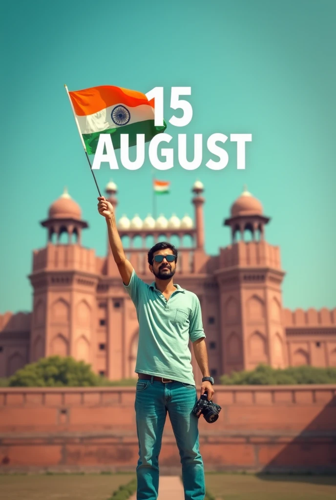 Editing a photo like an original of '15 AUGUST' with a man standing with a camera and Indian flag in the background with blue sky and red fort in the background.and tital '15 AUGUST' 