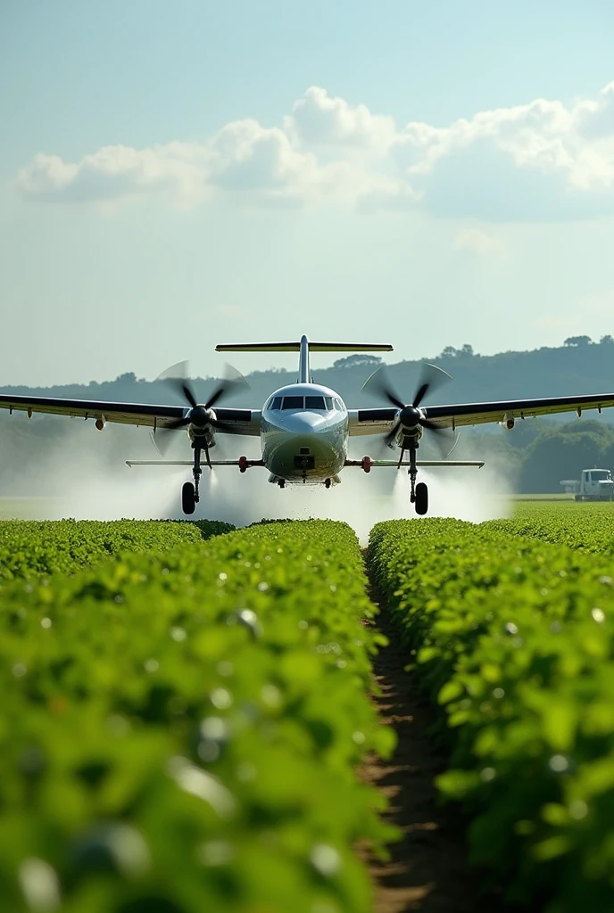 4k image of an agricultural aircraft applying pesticide to a soybean field with the Brazilian flag in the background 