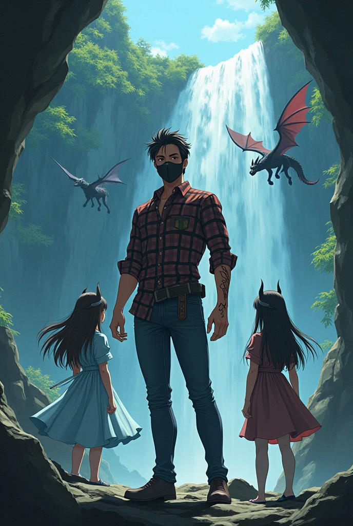A handsome man wearing a mask, medium built wearing a checked shirt with scratch wound in hand in cave and waterfall in parallel universe with wolf in background with two girls and dragons flying and elves .Make it an anime