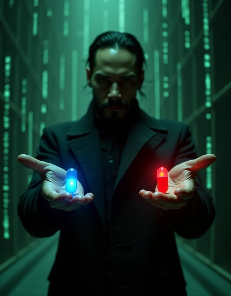 An image depicting a scene inspired by The Matrix where a character John wick is holding out two pills, one in each hand. The character should be dressed in a black trench coat, with a futuristic and dark atmosphere, similar to the iconic scene. The left hand holds a blue pill, glowing softly, while the right hand holds a red pill, glowing more intensely. Speech bubble sayings "Blue for flux Red for Infinity", The background should be a dark, digital-themed environment, with hints of green code streaming down like in The Matrix