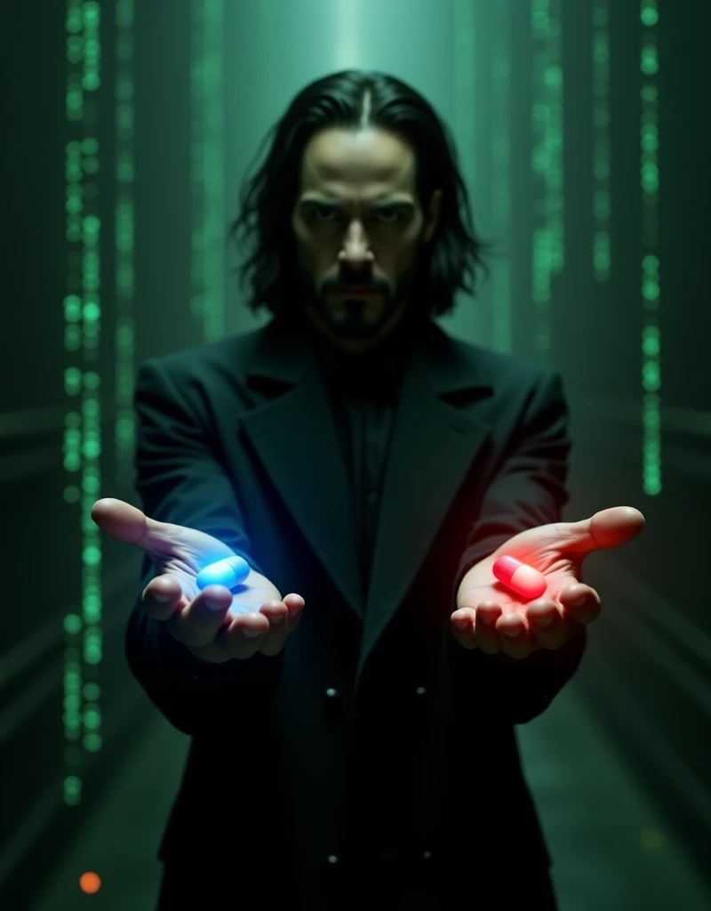 An image depicting a scene inspired by The Matrix where a character John wick is holding out two pills, one in each hand. The character should be dressed in a black trench coat, with a futuristic and dark atmosphere, similar to the iconic scene. The left hand holds a blue pill, glowing softly, while the right hand holds a red pill, glowing more intensely. Speech bubble sayings "Blue for flux Red for Infinity", The background should be a dark, digital-themed environment, with hints of green code streaming down like in The Matrix
