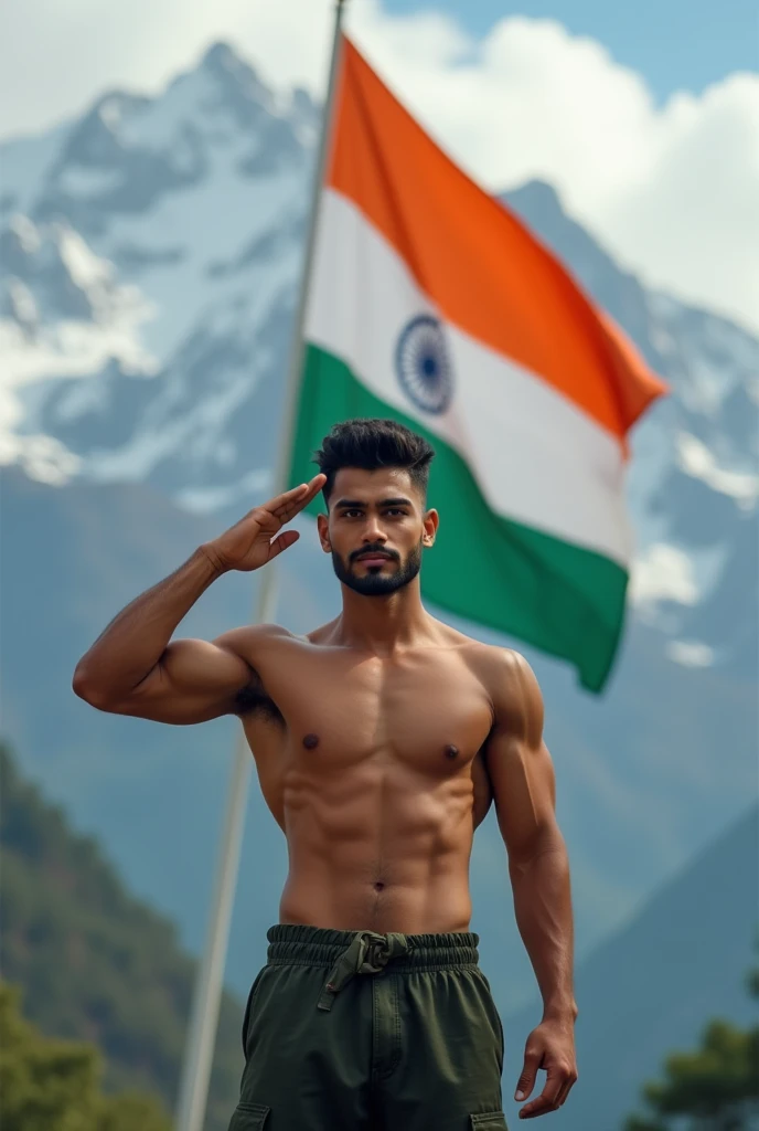 A men saluting With a background of indian flag and himalayas showing his body, he goes to gym age, around twenty five, showing his body with decent body