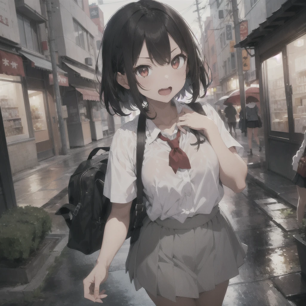 absurdres, highres, ultra detailed, (1girl:1.3),Illustrate an image using pointillism,masterpiece, best quality, highres, aarurutie,1girl, standing, , , s, smile,red blush, , open mouth,, best quality, masterpiece, , short_hair, black_hair, red_eyes, black_hair,school uniform, cute, angry, white shirt, grey short skirt, thick thighs,masterpiece, best quality, highres, aarurutie,1girl, standing, , s, smile,red blush, , open mouth,, best quality, masterpiece, , short_hair, black_hair, red_eyes, black_hair,school uniform, cute, angry, white shirt, grey short skirt,in, in the rain at night