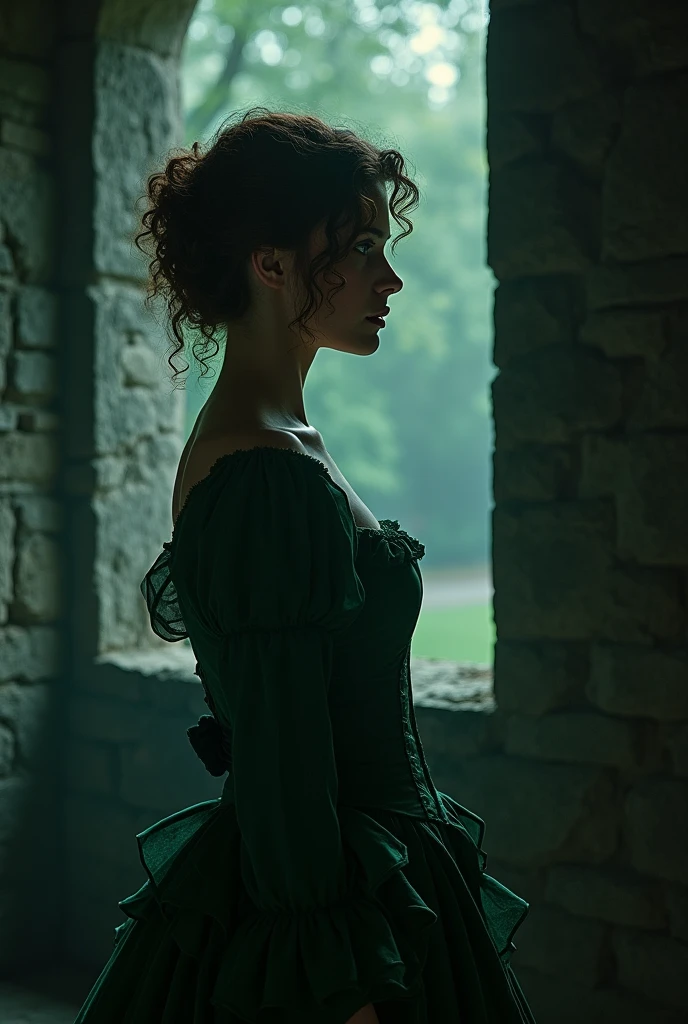 A Victorian woman, a lady, human. She has brown hair and it's curly but without much volume, she wears her hair with a opened hairstyle. She wears a jade green colored dress out of the 1721, a bit English touched. It's for my vampire novel so it should have a dark touch.
Right now, her back is turned to the camera, so we only see her side profile while she looks out of a dark window of a castle.
Make it more look like a book cover for a vampire novel.
She has a open hairstyle
She's human, but the atmosphere is dark.
