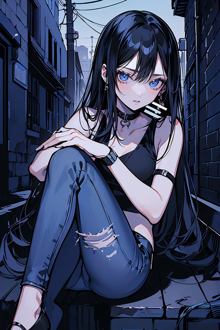 (best quality,very detailed,high resolution:1.2) Delicate Face Portrayal , woman with a perfect face , black medium-length hair , light blue eyes , Blue eyeliner , Sitting with one leg raised in a V-pose , Holding a cigarette in their mouth , blue sleeveless crop top , long jeans , black choker , An alleyway background at dusk