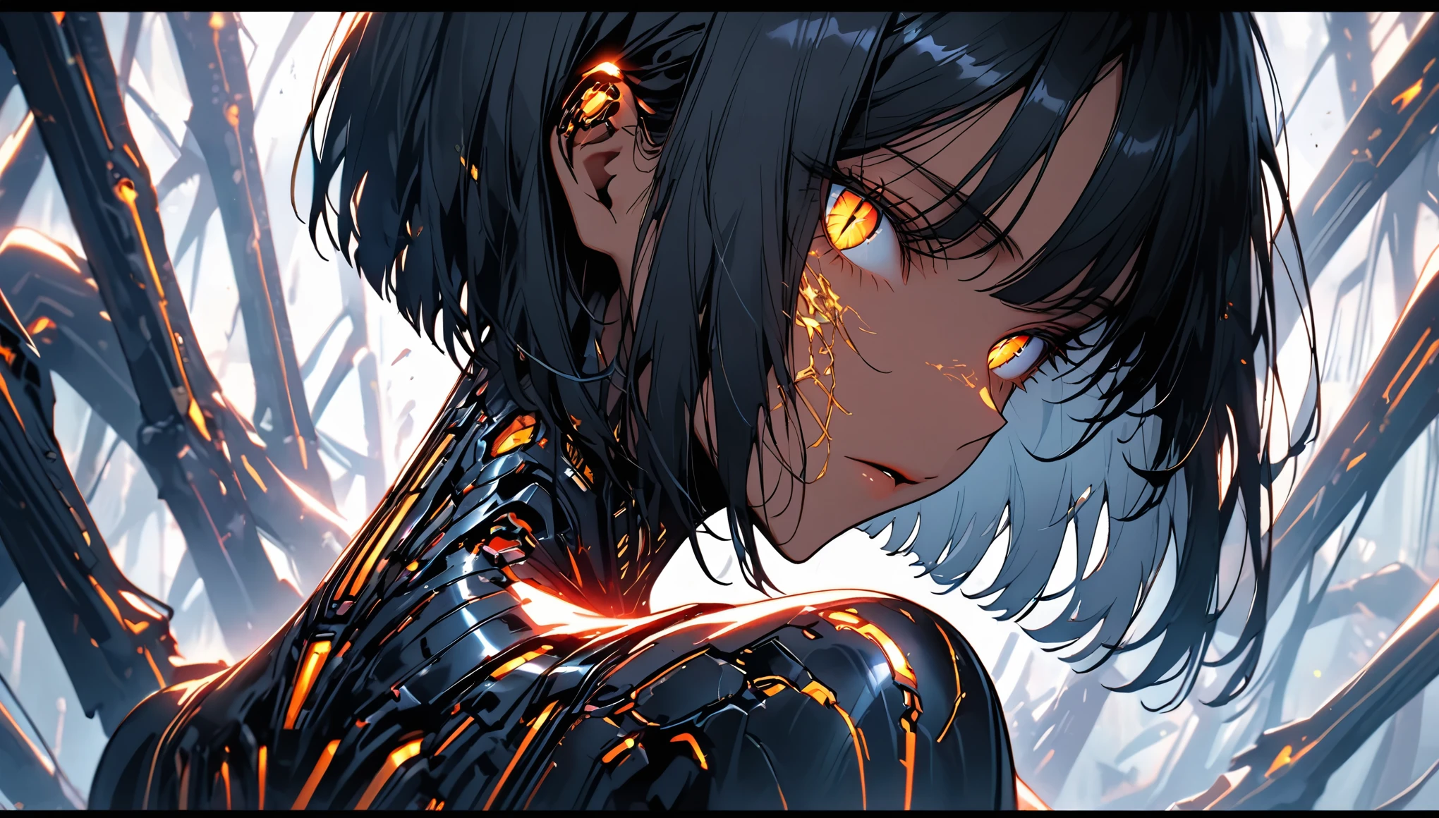 solo, female, close up, Black hair, sleek and straight hair, chin-length bob cut, slightly tousled bangs framing her face, hair infused with metallic threads, shimmering hair, slit pupils, amber-gold iris, augmented eyes, Smooth skin, tan, faint silvery veins visible just beneath the surface of her skin, skin illuminated from within, Lean, athletic, long limbs, arachnid mechanical legs from the back, confident stance, Eight slender mechanical legs jutting from behind her back, small glowing nodes scattered across her, cybernetic enhancements, medium shot