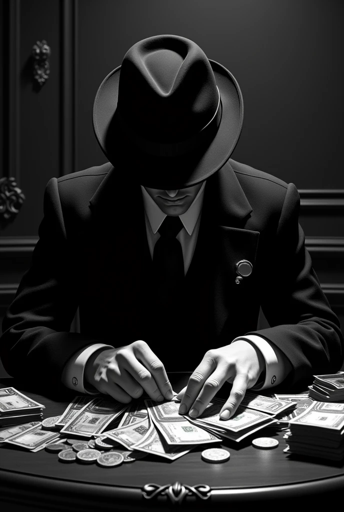 Arsène Lupin counting money in black and white
