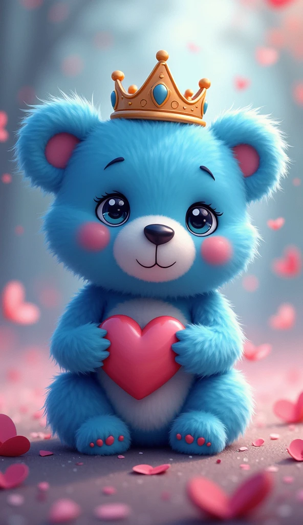 A close-up of a blue cartoon bear keychain，There is a heart in the chest, Lovely and detailed digital art, Popular on artstation pixiv, Beautiful and lovely lighting, Detailed fan art, Beautiful animal pearl queen, Cute digital art, Digital Art on Pixiv, Lovely detailed artwork, [ Tarot ]!!!!!, Dreamy and detailed, official art works, Profile picture 1024px，crystal，He has a crown on his head.