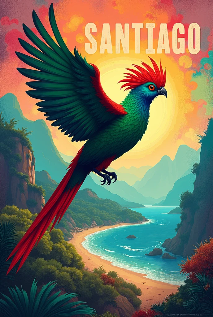 (photorealism: 1.2), Guatemalan quetzal flying with ABSTRACT COLORS background and the shore that is not square
and big letters SANTIAGO