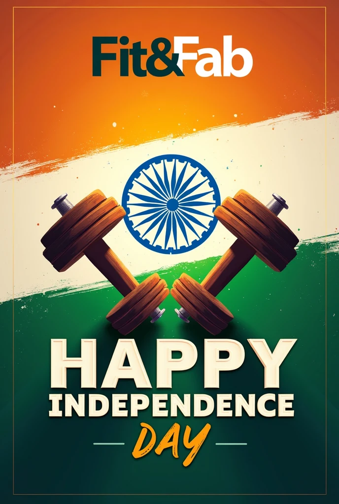 Create a posters for our gym named as fit & fab celebrating 78th indipendent day celebration
Showing the dumbbells
The headings is create using our gym name FIT & FAB
Wishing 78th independence day a good font and bold using Indian flag