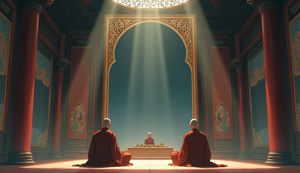 Young monk student sitting with his old master monk in from of huge mirror in a room, in anime style,