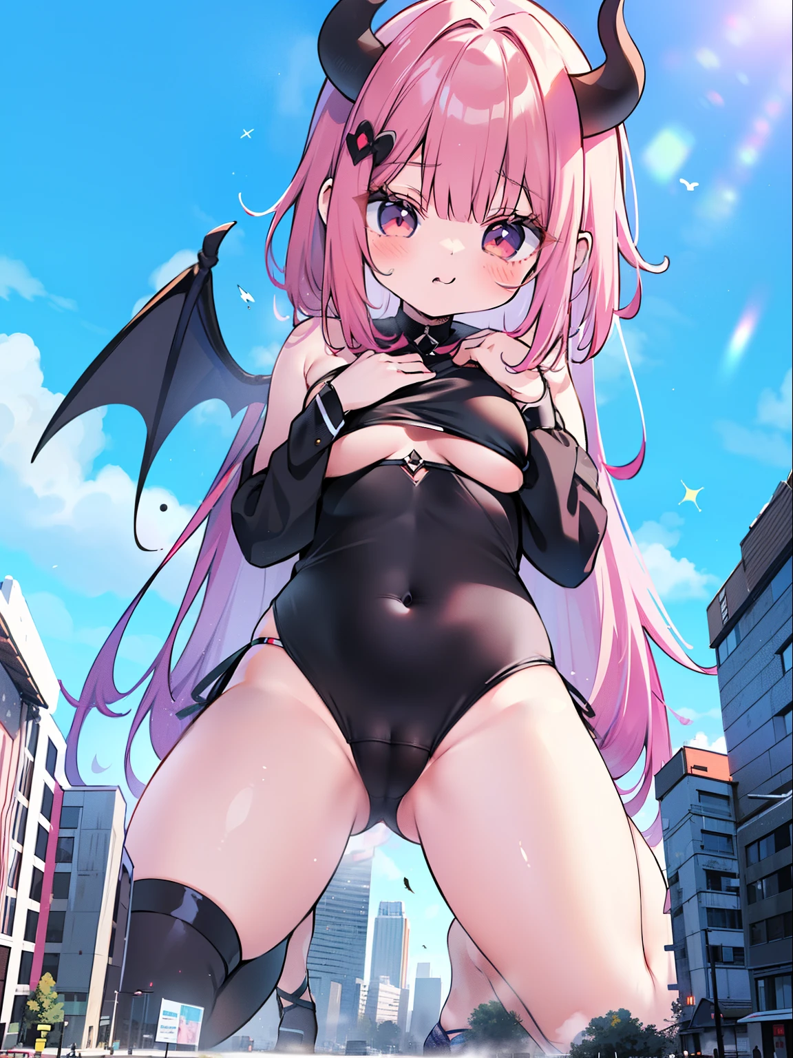1 girl,Blushing,embarrased, sitting, (((female giant))),Giantess art, Giantess, The girl is 50 meters tall,((Full body shot)), ((Sexy anime girl)), ((Sexy demoness)), ((Black bikini)), ((Tight Swimsuit)), ((cameltoe)), 1 anime girl, ((Straight red hair)), ((Blackwings)), ((Demoness tail)), sitting in the middle of a modern miniature city, towering over buildings,(((Leaning forward))), ((looking to viewer)), ((front footage)), ((large breasts)), ((perfect legs)), ((thick thighs)), squatting over modern miniature city,in the middle of a tiny miniature city, a girl taller than buildings, sitting over buildings, ((tiny people under her))
