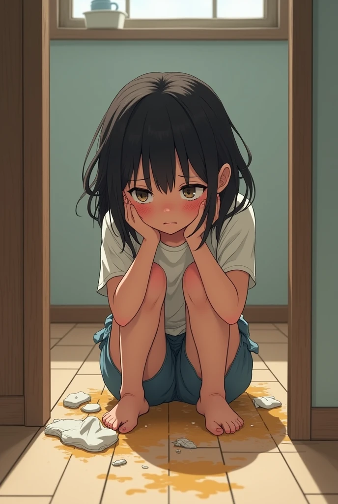 girl, pee on the pants, floor, sit