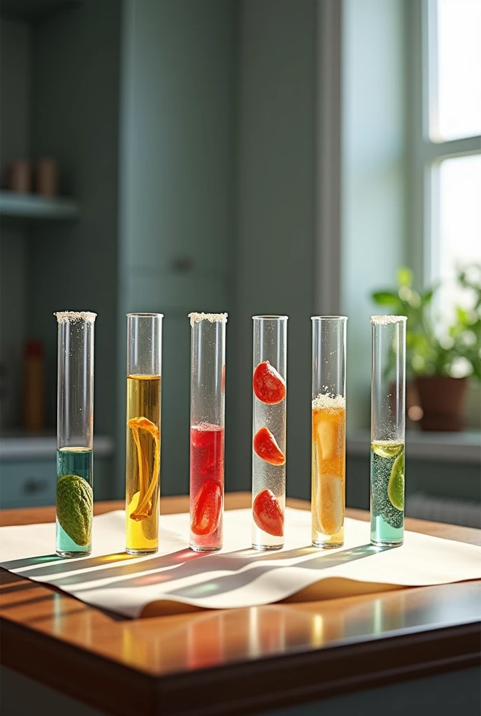 (6 )test tubes on a kitchen table , on top of a piece of paper , each tube with a drop of Lugol, in tube 1 with a little piece of banana,in the 2 with a piece of potato, in the 3 a gram of sugar, in tube 4 a little piece of bread, in tube 5 a few grams of rice, in tube 6 a little piece of noodle , each with its respective chemical reaction, realistic with not much lighting