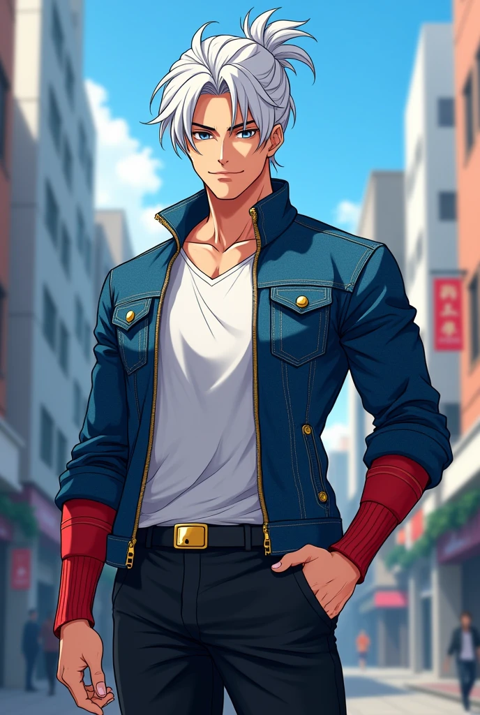 He's a male anime character with an athletic physique. He's roughly 35 years old and wears a fitted modern and stylish blue jacket with long sleeves. The fabric is similar to denim with gold details on the zipper. He has red bands on his arms that cover his entire forearms, leaving only his fingers visible. He wears black pants with a gold belt. He has white hair tied in a bun with thin wispy bangs parted in the middle of his head and spiked. He has two children.