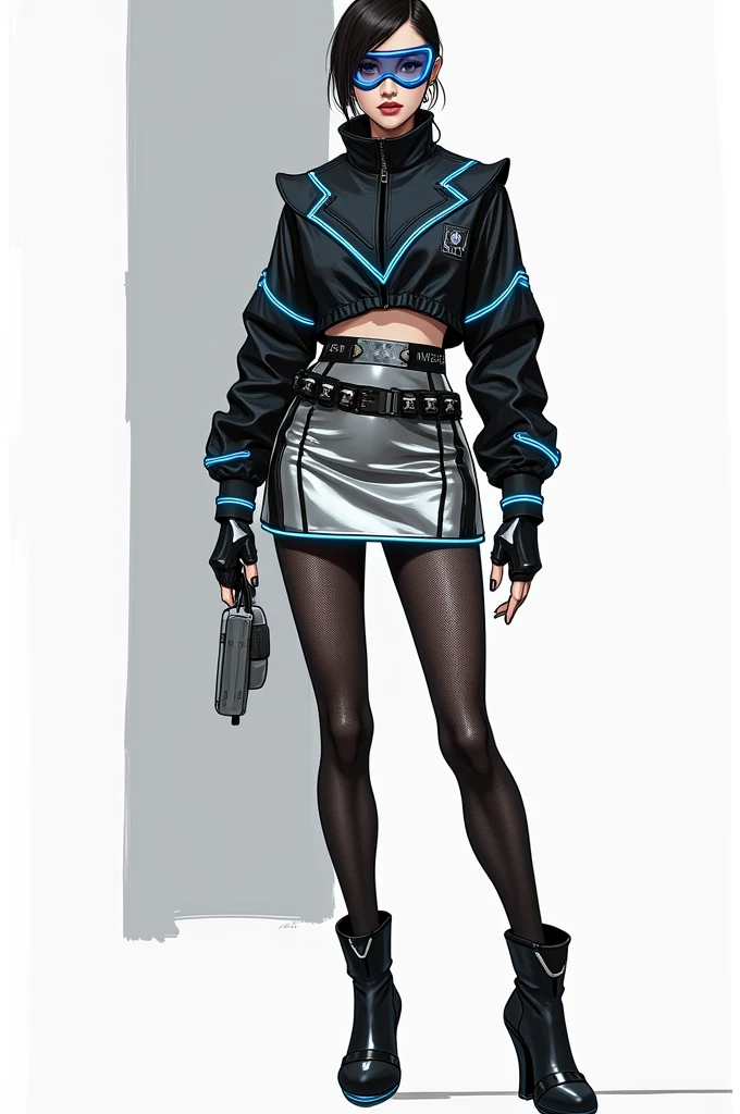 Sample Sketch Description
• Top: A cropped, high-collared, form-fitting jacket made from black faux leather with neon blue LED light piping along the seams. The jacket features asymmetrical zippers, exaggerated shoulder pads with transparent PVC panels, and a cut-out design at the waist to create a more avant-garde silhouette.
• Bottom: Metallic silver mini-skirt with integrated LED lights along the hem, paired with black mesh tights that feature reflective patterns.
• Accessories: Fingerless black leather gloves with metallic knuckles, a sleek, transparent PVC visor with a tinted gradient effect, and a wide belt with futuristic utility pouches.
• Footwear: High-heeled, ankle boots with integrated LED lights and metallic accents, featuring a futuristic wedge heel design.
Materials Needed
1. Faux leather (black)
2. Metallic fabrics (silver)
3. LED lights (neon blue)
4. Transparent PVC
5. Reflective materials
6. Mesh (black)
Inspired From
• Movies: “Blade Runner,” “Ghost in the Shell.”
• Designers: Gareth Pugh, Rick Owens.
• Technology: Urban tech gadgets, cybernetic enhancements.