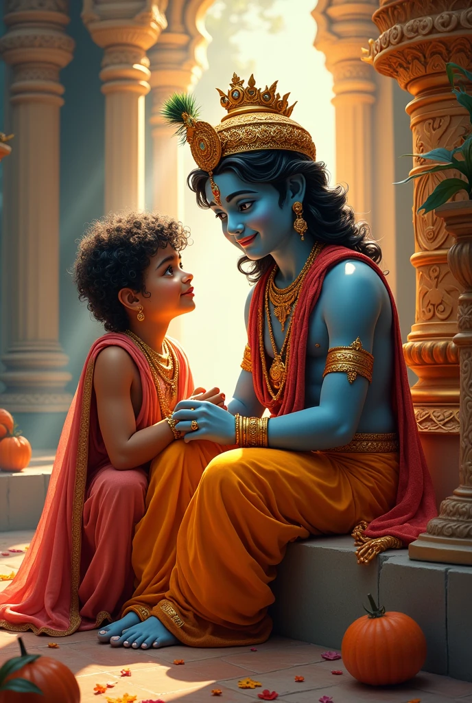 A boy named Jesaram was seated next to Lord Shree Krishna celebrating the Krishna Janmastami