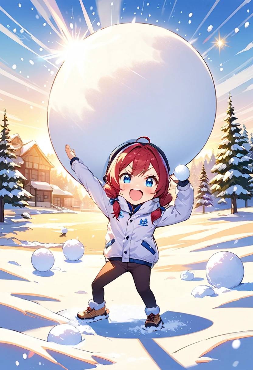 Highest quality、High resolution、Detailed Background、Beautiful face in every detail、Anatomically correct、Detailed facial expressions、fine grain、((full body:1.2, looking away:1.2)), break　((One Girl:1.2)、((Chibi Girl:1.2)))、Bright pretty hair color、Big beautiful blue eyes、Fuller lips、Pink Lips、Braided twintails、Ahoge、break　(snowball fight:1.2)、(Cute Snow Coat、Cute snowshoes)、break　((Pitching pose:1.2、holding a giant white snowball.:1.5))、(Angry expression、Big smile)、((The background is a snowy countryside scene、The morning sunlight is dazzling.、snowman))