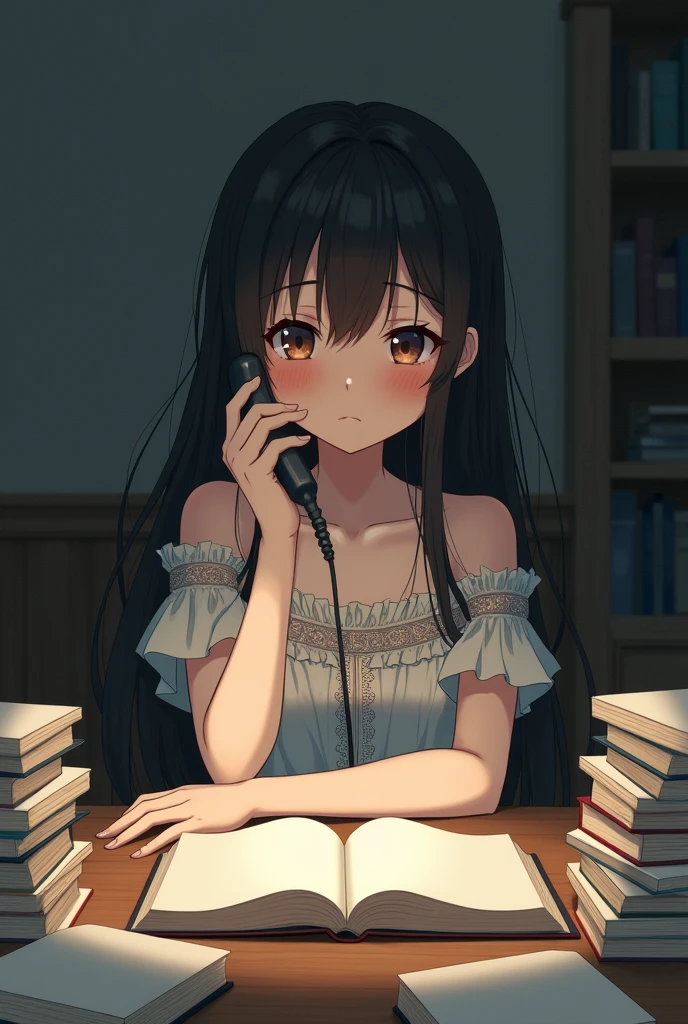 Anime girl, 1 girl image, 9:16, crying, talking on phone call, sit on the chair with table, on the table opened a book , many books on the table, she wears beautiful dress