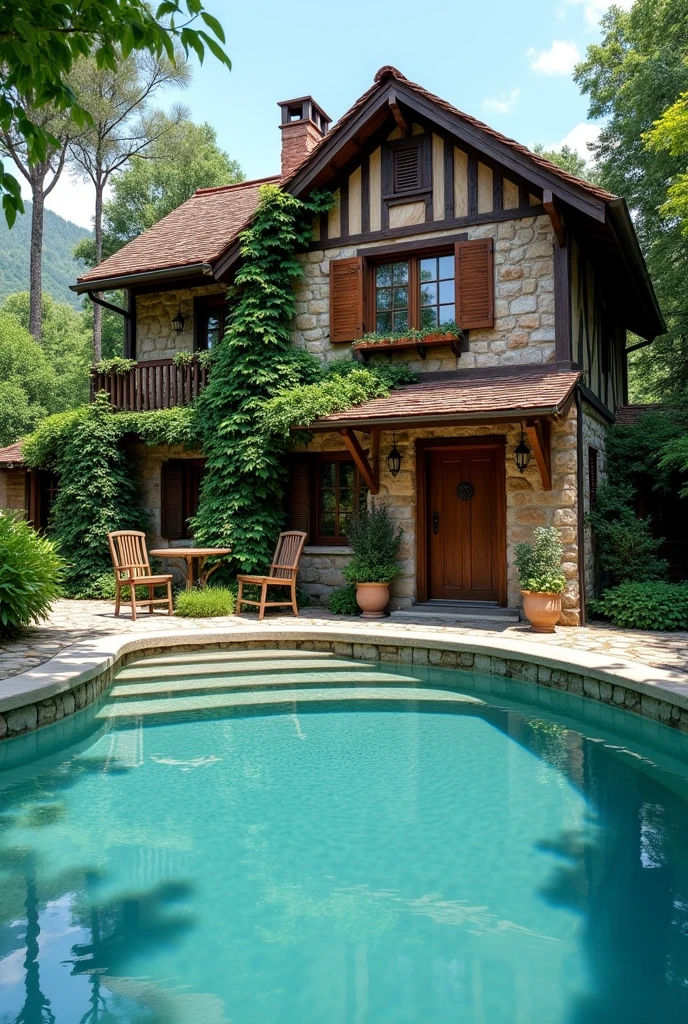 Take a photo that looks like it was taken in a place with a pool and a more realistic inn.