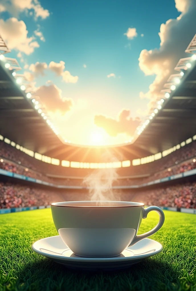 make me a football sports flyer, with a football stadium in the background with tea