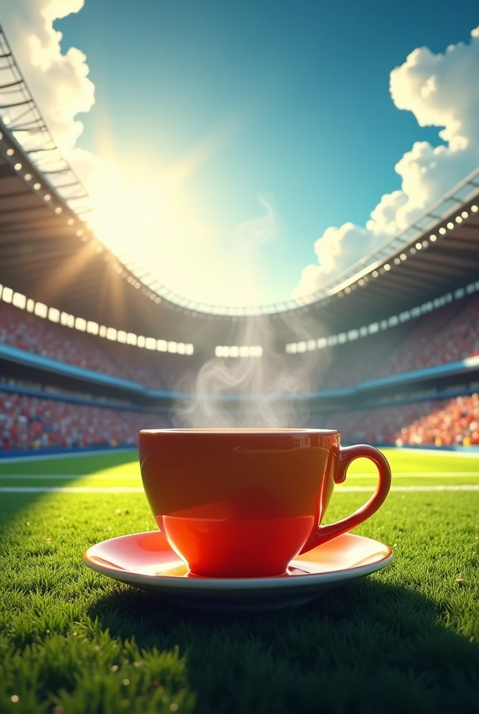 make me a football sports flyer, with a football stadium in the background with tea