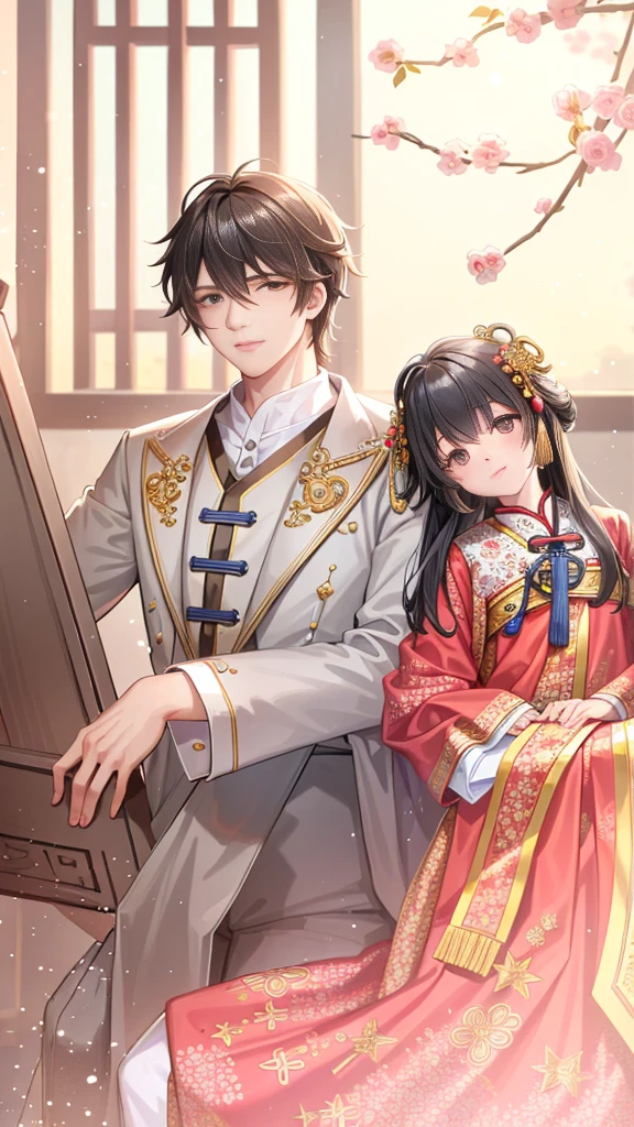 A handsome young man with a good face and a gentle face, he wearing a white ancient Chinese costume, sitting on a chair, hugging his little sister, who is 1 year old, black hair, in a red Chinese New Year costume. In the morning, there is sunlight shining in the front yard garden.