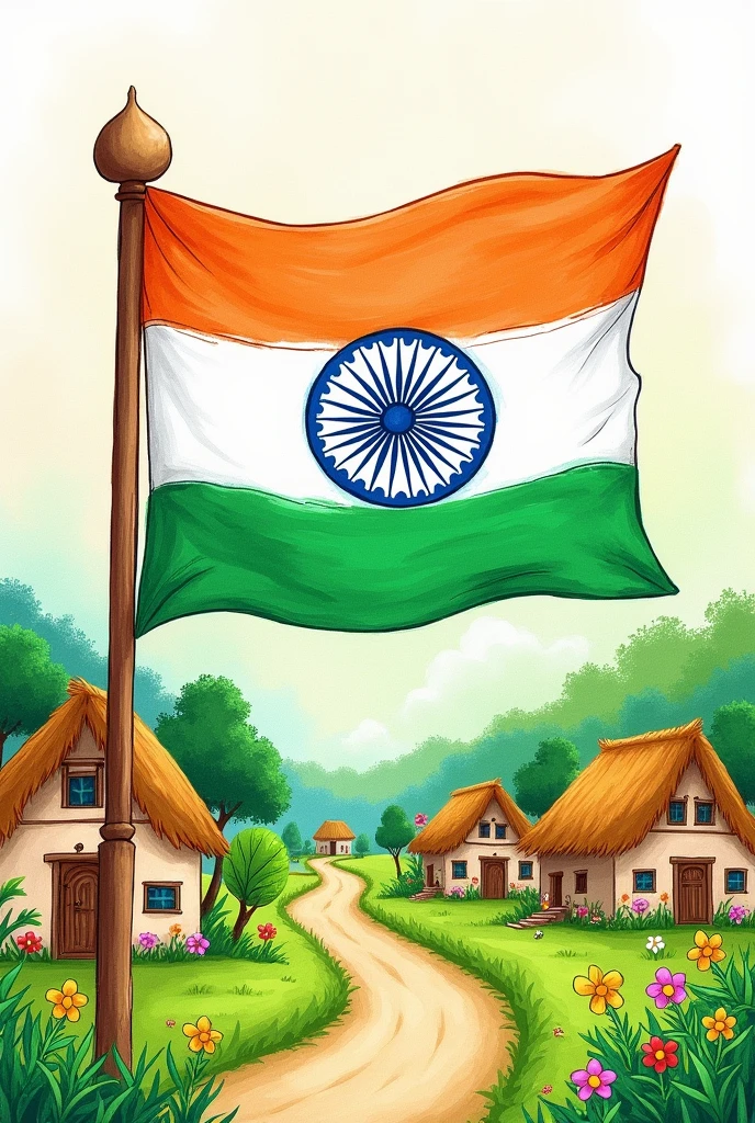 India flag drawings by hand easy with village theme, note : the should look like drawn with hand
Should look like drawn by 9 to 10 years kids