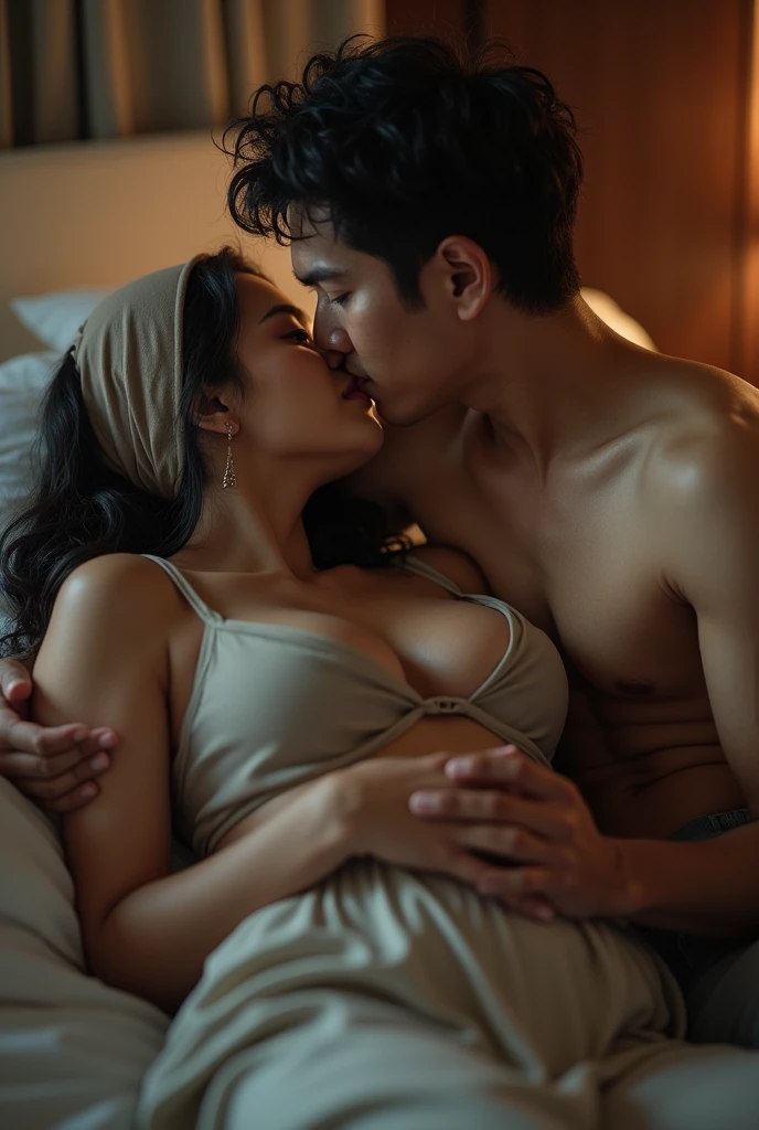 (1 malay man 28 year and 1 girls 30 year hijab) medium breast, nipple, suck, sucking, (((Curvy woman in naked))), (((man an woman lying down))), (((couple))), (((kissing))), (((defined figure))) (( man lying on woman) (on top), (hugging), (lying on bed) (looking at young man), (curvy), (cheating) (buttock), no shirt, full body, Touching pussy,