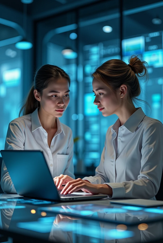 (photorealism:1.2), 
Images with stunning background and an image of female and male worker technology in business drawing.