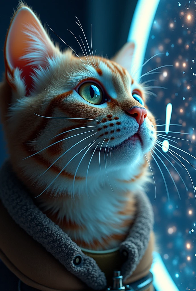 Close-up of a cat face, outer space in the background (stars and galaxies shining beautifully), space cat, large "!?" on the screen is written in large letters on the screen,