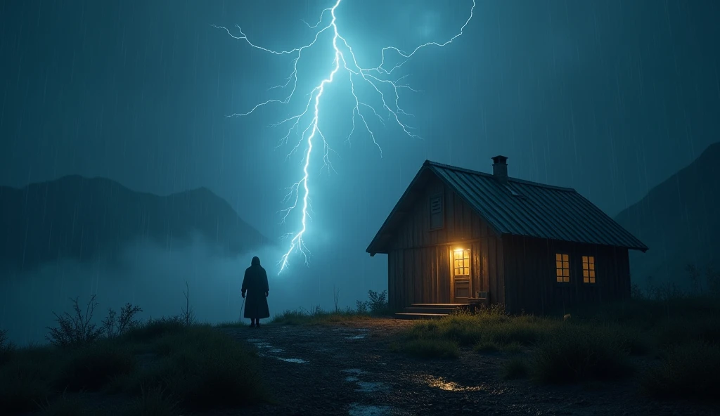 (8K, 16 K, Award-winning, Highest Quality, High resolution, Intricately detailed, Highly detailed),A mountain hut isolated by a storm, lightning, thunderstorm, night, heavy rain, rain and wind hitting the glass window, power outage, horror movie, real rain, darkness, no electricity, suspicious figure, panic thriller, movie lighting, film movie atmosphere , a recreation of a mystery novel, Misery, a lone mountain hut built in a remote area, nothing around, only the light of lightning.