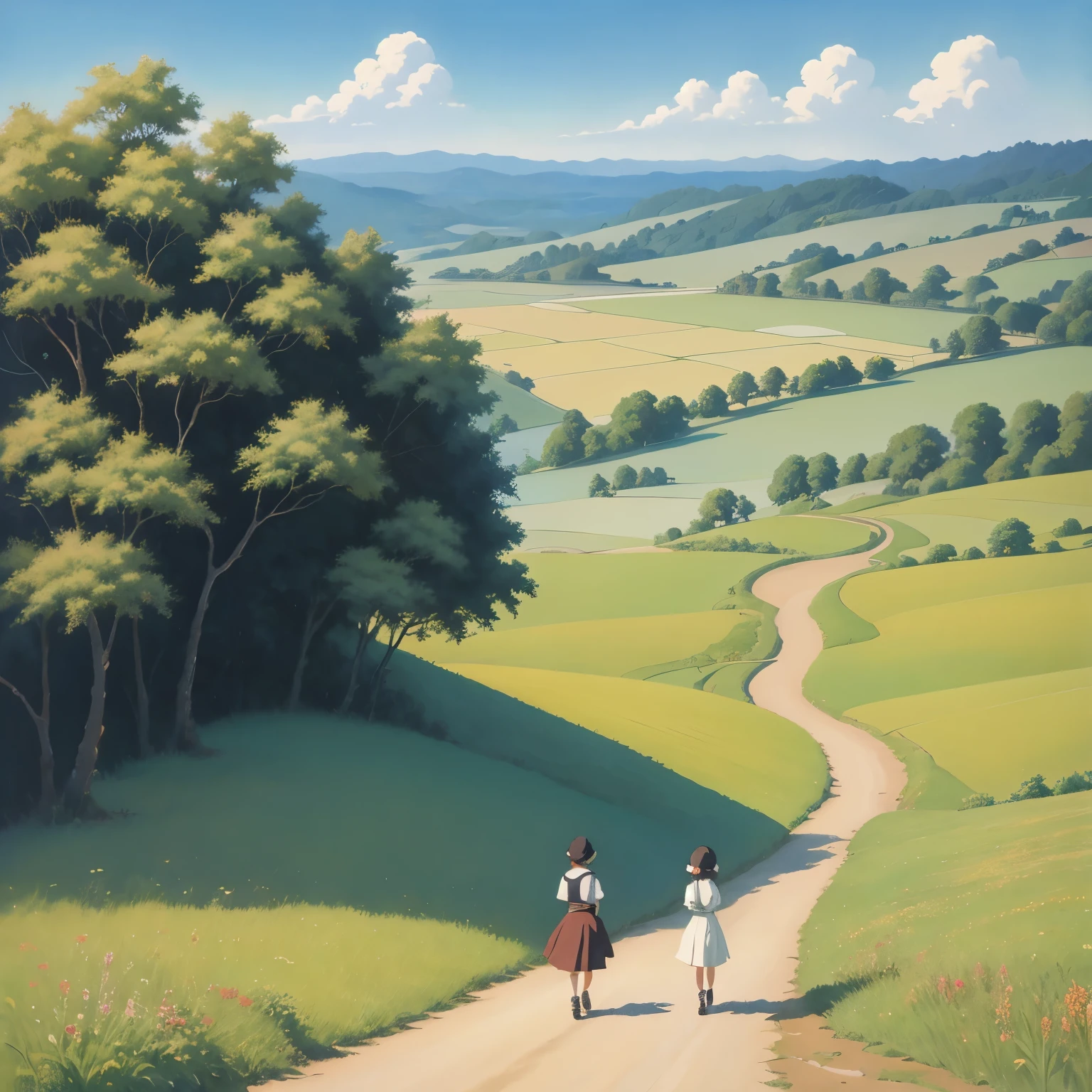 Realistic, Real, two Beautiful Girls Walking on the Road,,Beautiful and Amazing Landscape Oil Painting Studio Ghibli Hayao Miyazaki Petals Grassland Blue Sky Grassland Country Road and bulding